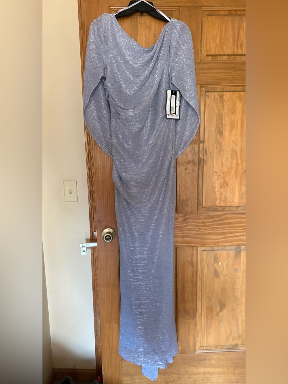 Betsy & Adam Blue/Silver Metallic Drape Formal Dress